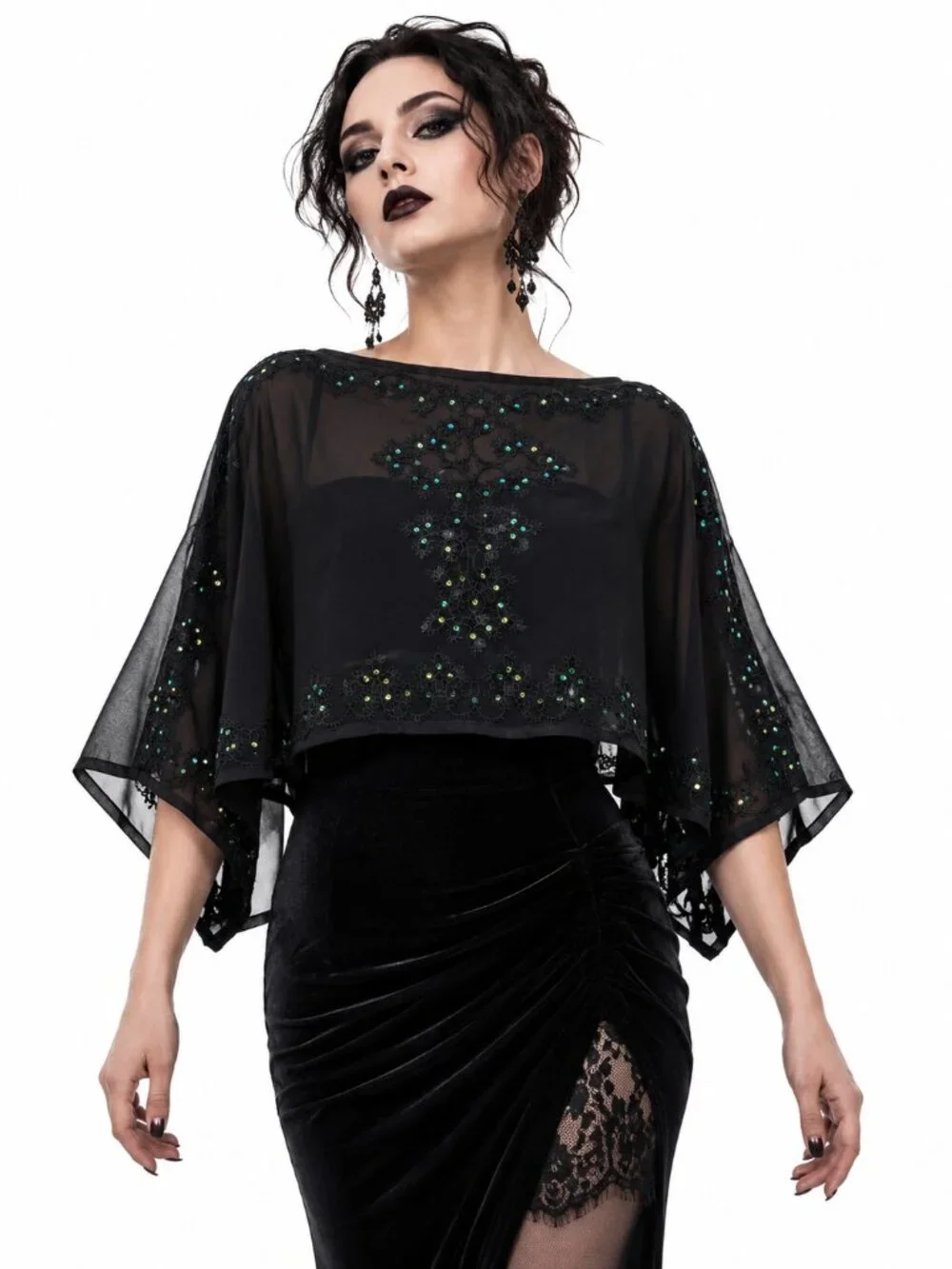 Bohemian Goth Dark Feminine Sheer Black Sequined One Size Poncho Boatneck Cape